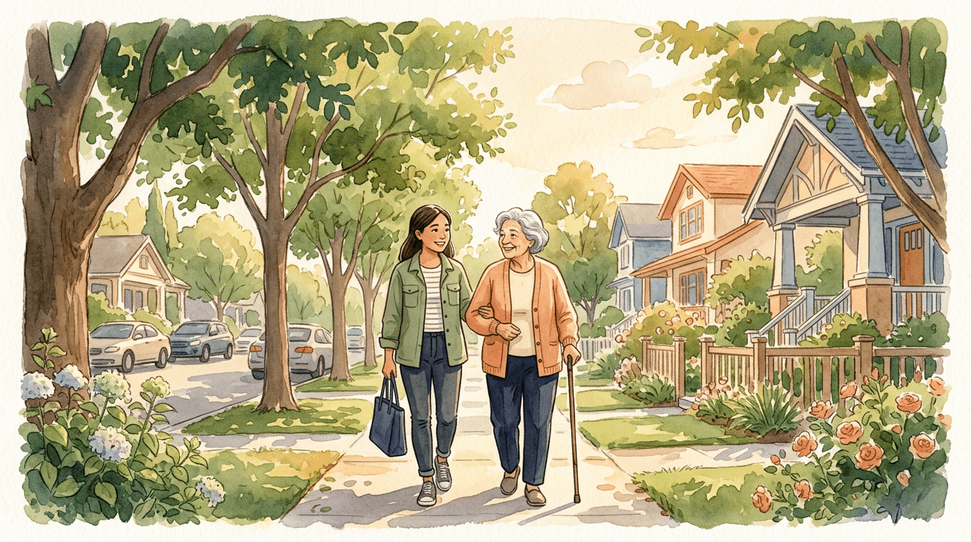 A volunteer and a senior walking together on a tree-lined Palo Alto street